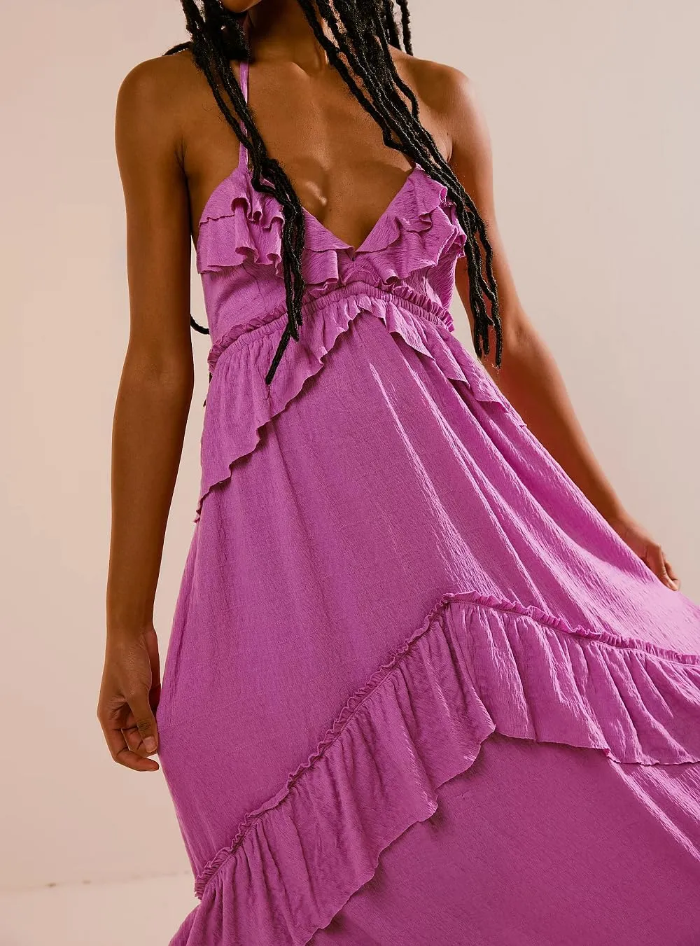 Women Boho Maxi Halter Dress V Neck Ruffle Flowy Long Dress Floral Backless Tiered Sundress Summer Beachwear
