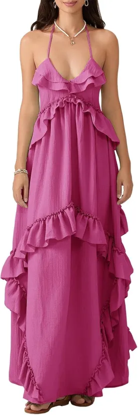 Women Boho Maxi Halter Dress V Neck Ruffle Flowy Long Dress Floral Backless Tiered Sundress Summer Beachwear