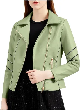 Women Faux Leather Bomber Jackets Full Zip Lapel Vintage Casual Moto Crop Coat Loose Long Sleeve Outerwear with Pockets