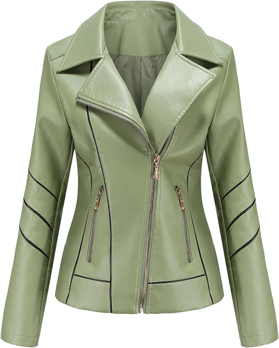 Women Faux Leather Bomber Jackets Full Zip Lapel Vintage Casual Moto Crop Coat Loose Long Sleeve Outerwear with Pockets
