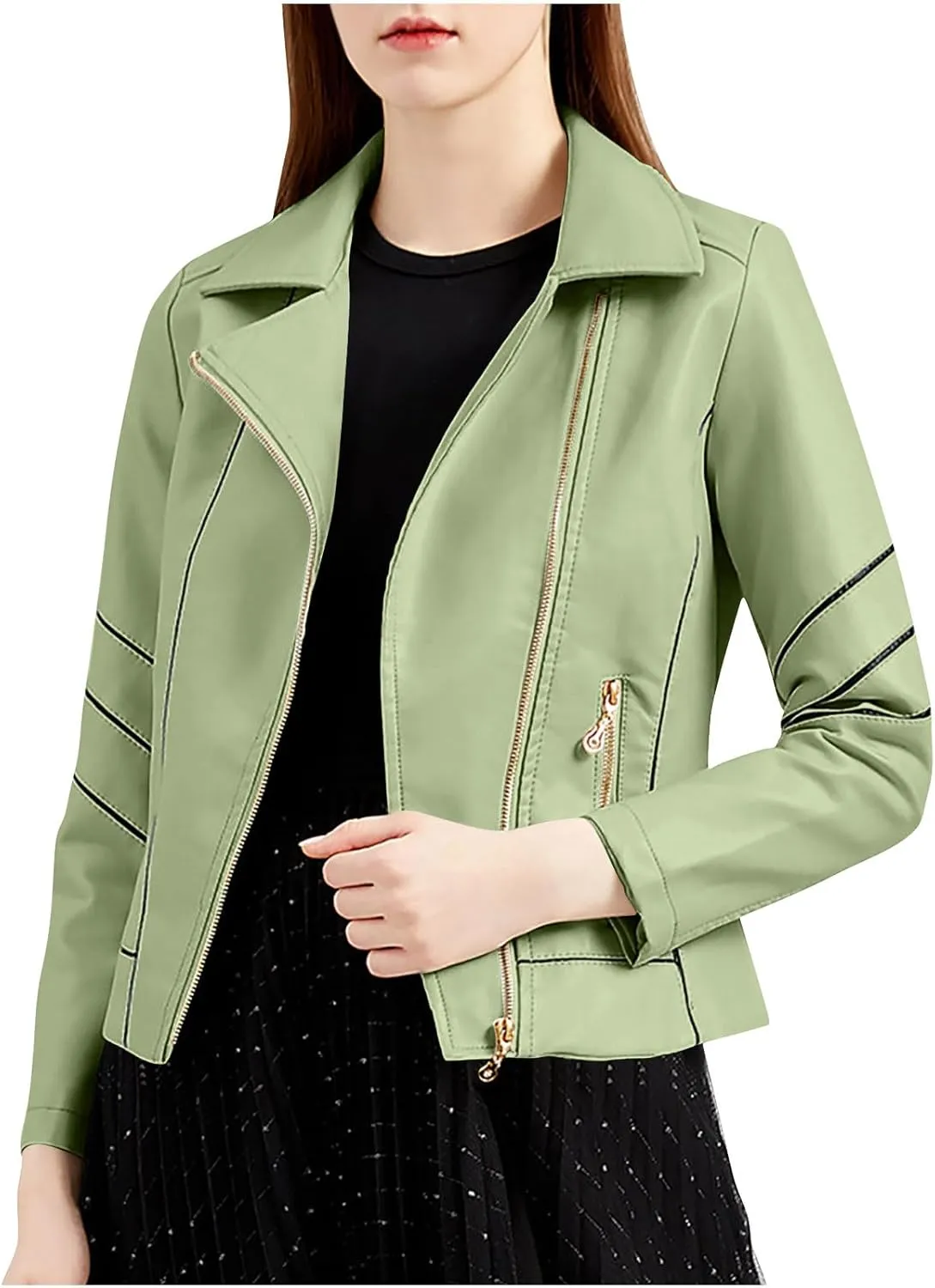 Women Faux Leather Bomber Jackets Full Zip Lapel Vintage Casual Moto Crop Coat Loose Long Sleeve Outerwear with Pockets