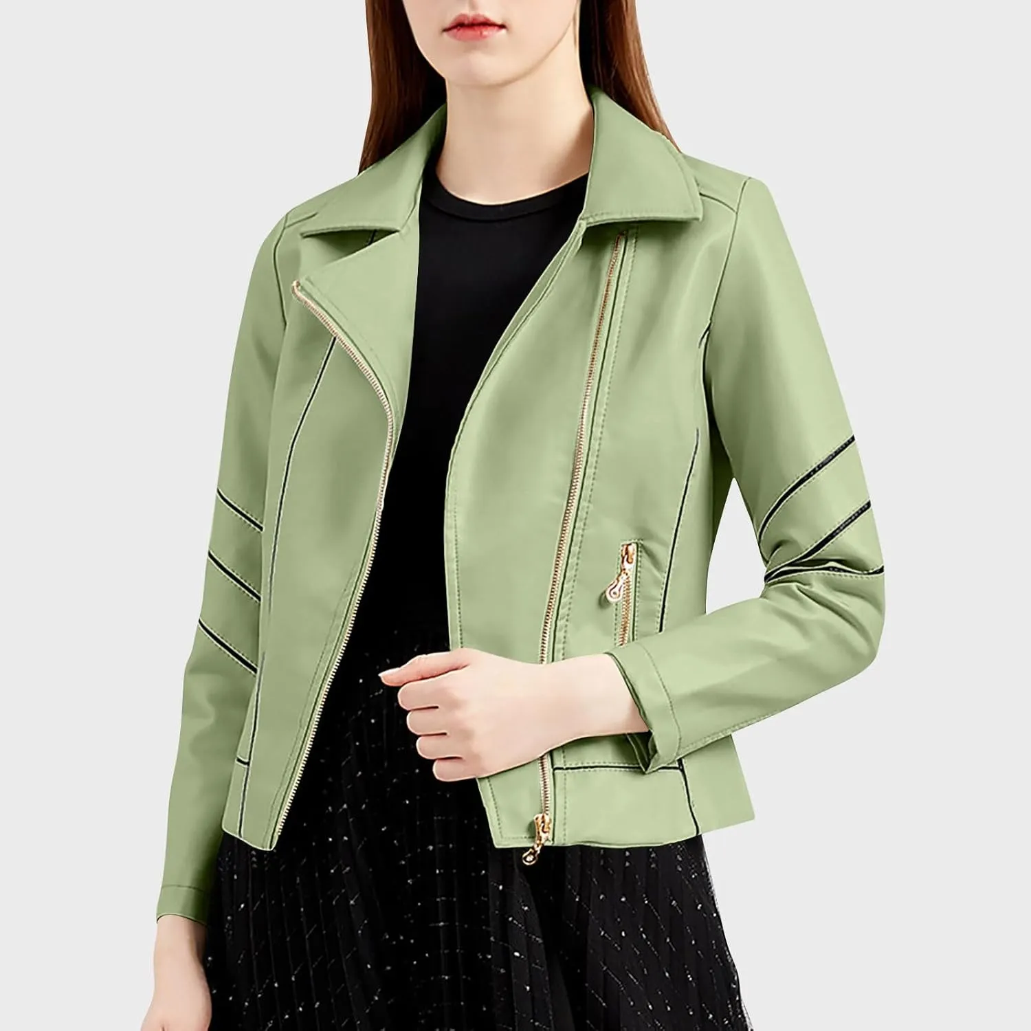 Women Faux Leather Bomber Jackets Full Zip Lapel Vintage Casual Moto Crop Coat Loose Long Sleeve Outerwear with Pockets