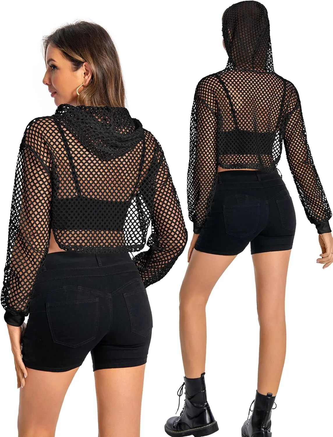 Women Mesh Crop Top Hoodie Fishnet See Through Long Sleeve Shirt Sheer Blouse for Club Party
