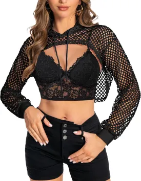 Women Mesh Crop Top Hoodie Fishnet See Through Long Sleeve Shirt Sheer Blouse for Club Party