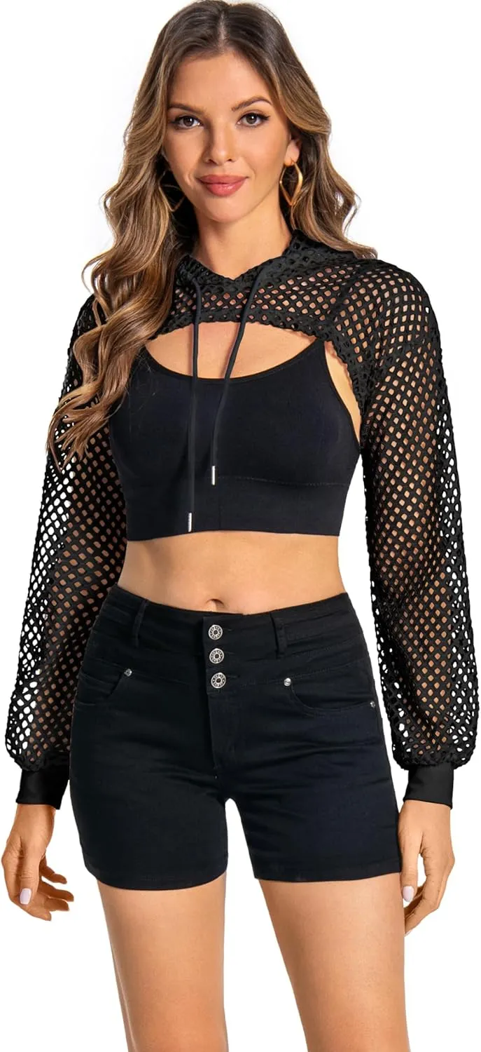 Women Mesh Crop Top Hoodie Fishnet See Through Long Sleeve Shirt Sheer Blouse for Club Party