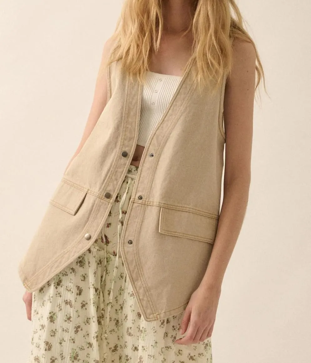 Women Western Baggy Denim Vest Button Down Sleeveless Back Slit Distressed Jean Jacket Vintage Long Denim Vest