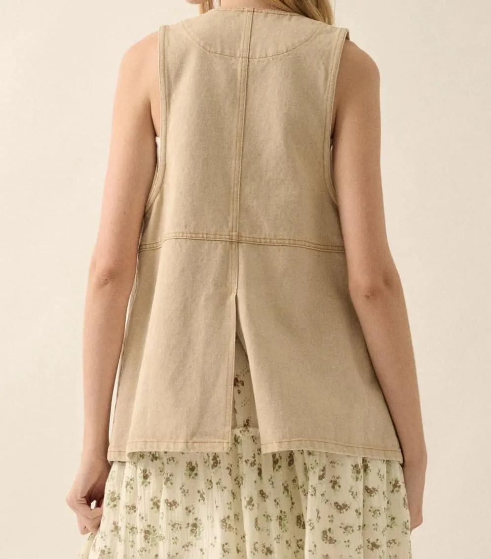 Women Western Baggy Denim Vest Button Down Sleeveless Back Slit Distressed Jean Jacket Vintage Long Denim Vest