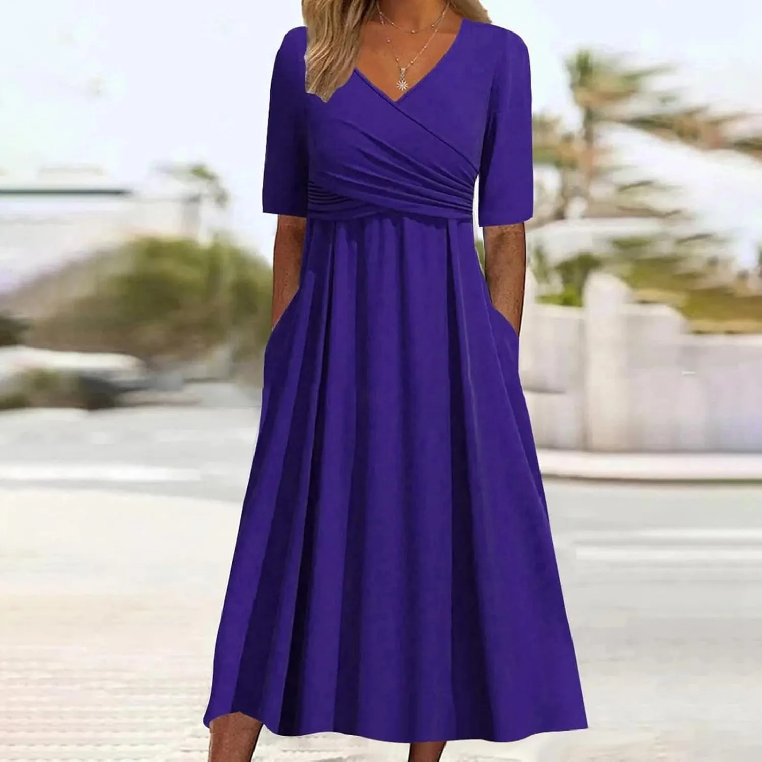 Women's Boho Floral Flowy A Line Midi Dress Casual Summer Short Sleeve Beach Vacation Dresses with Pockets