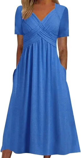 Women's Boho Floral Flowy A Line Midi Dress Casual Summer Short Sleeve Beach Vacation Dresses with Pockets