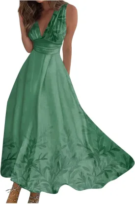 Womens Dresses Flowy Ruched Floral Print Boho Dress Wrap V Neck Sleeveless Sundress Elegant Beach Dresses