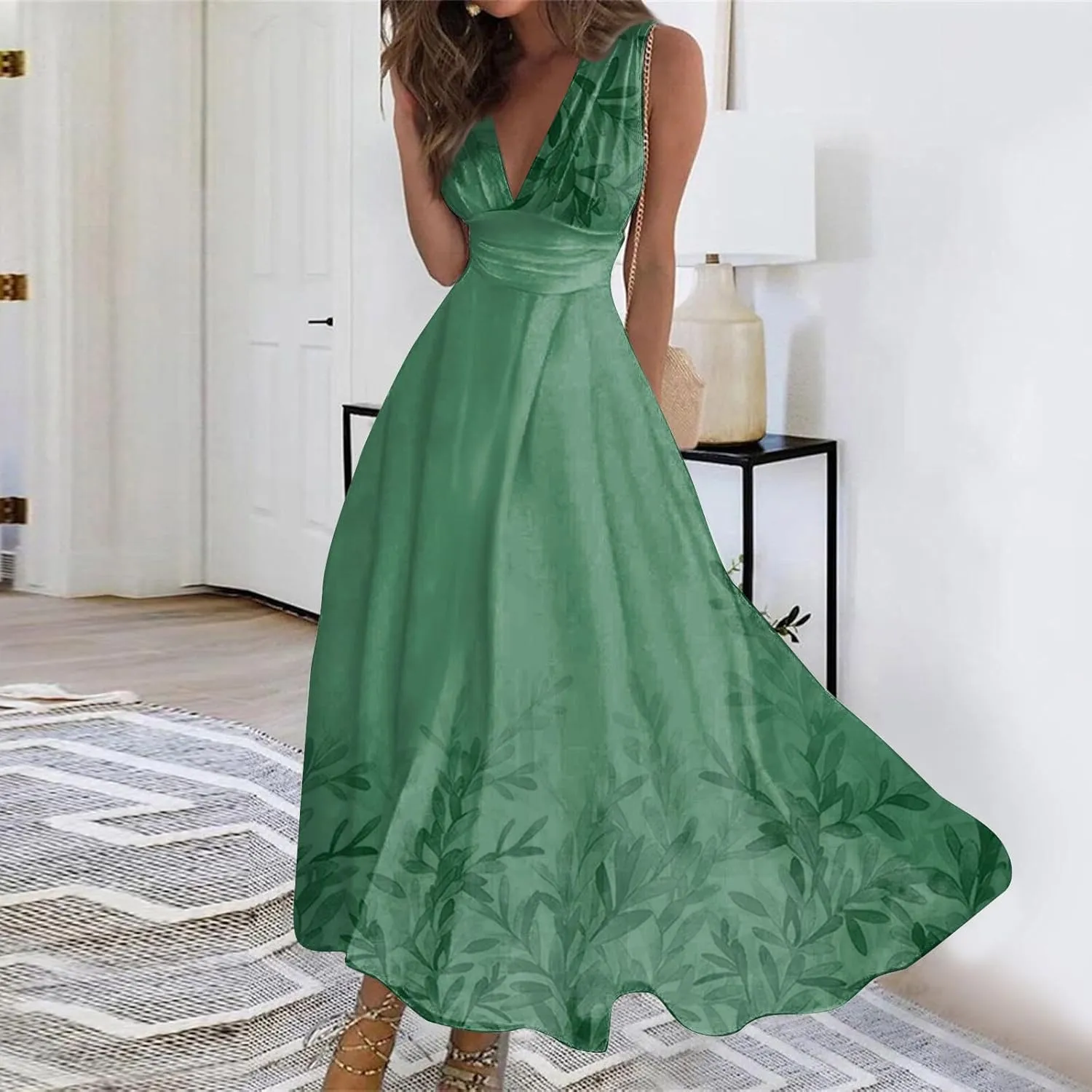 Womens Dresses Flowy Ruched Floral Print Boho Dress Wrap V Neck Sleeveless Sundress Elegant Beach Dresses