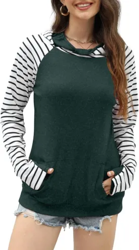 Womens Striped Hoodies Tops Long Sleeve Cowl Neck Casual Pullover Sweatshirts Blouses with Pockets