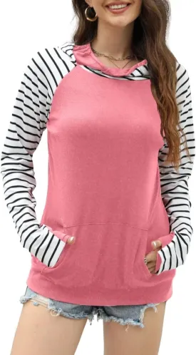 Womens Striped Hoodies Tops Long Sleeve Cowl Neck Casual Pullover Sweatshirts Blouses with Pockets