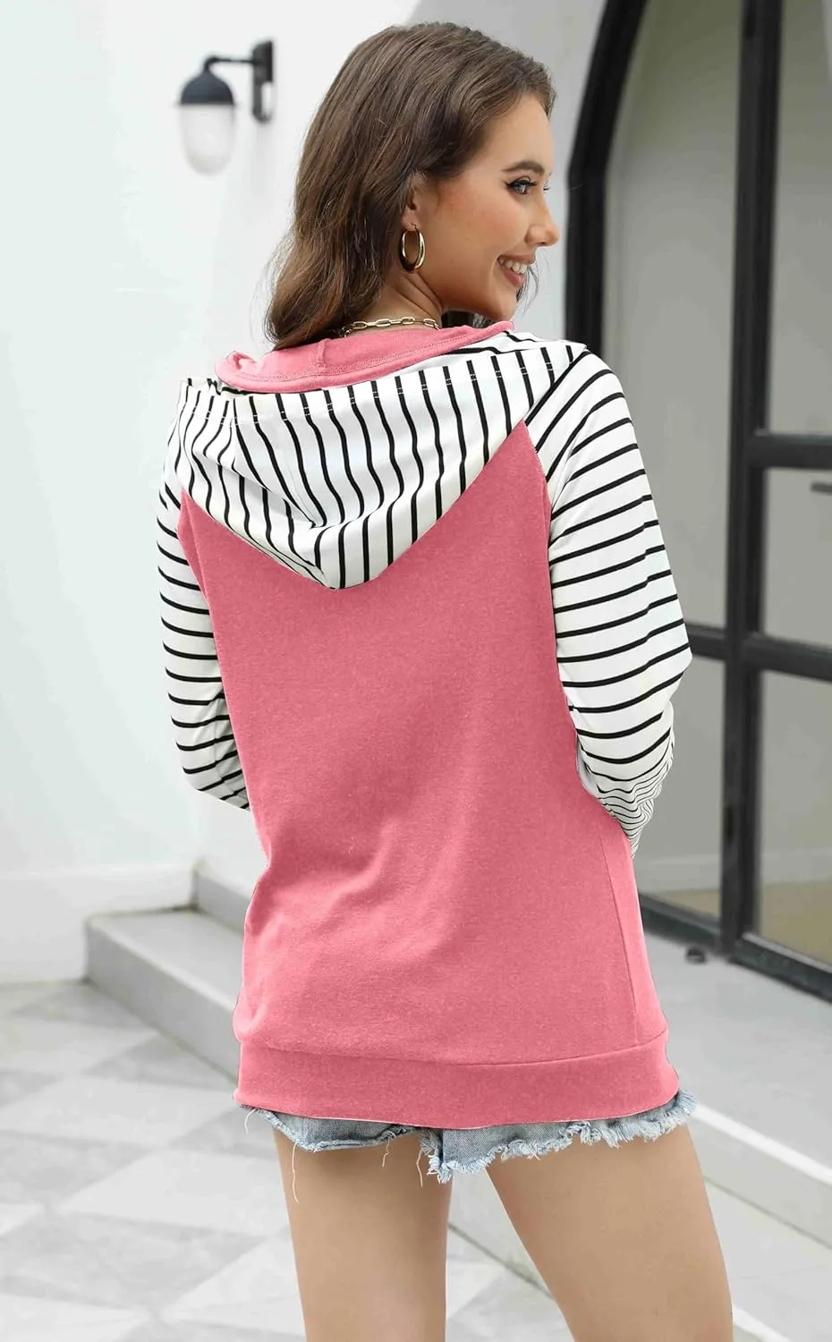 Womens Striped Hoodies Tops Long Sleeve Cowl Neck Casual Pullover Sweatshirts Blouses with Pockets