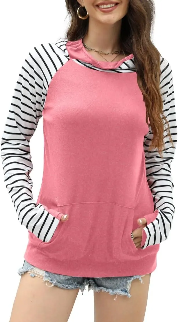 Womens Striped Hoodies Tops Long Sleeve Cowl Neck Casual Pullover Sweatshirts Blouses with Pockets
