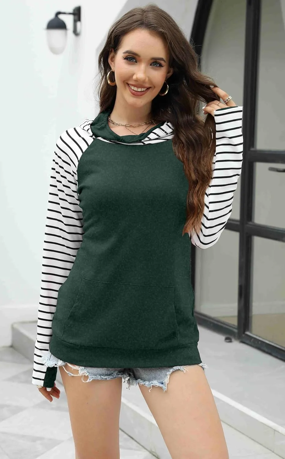 Womens Striped Hoodies Tops Long Sleeve Cowl Neck Casual Pullover Sweatshirts Blouses with Pockets