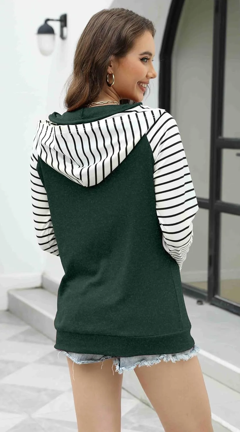 Womens Striped Hoodies Tops Long Sleeve Cowl Neck Casual Pullover Sweatshirts Blouses with Pockets