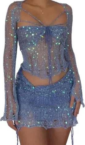 xxxiticat Women's Hollow Out Skirt Matching Set Long Sleeve Cardigan Jacket Bralette Crop Top Crochet Skirt Three Piece Suit