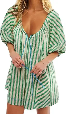 Y2k Shorts Romper Tie Front Casual Maternity V Neck Vacation Cute Puff Sleeve Summer Tshirt Rompers