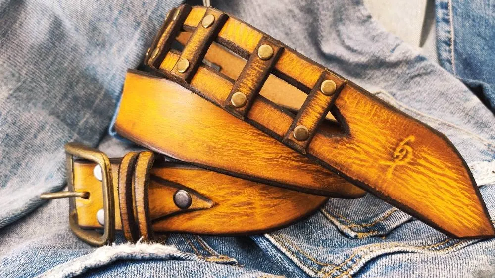 Yellow leather belt, artisan leather belt, Christmas gift for man, original ishaor design leather belt for man handmade jeans belt, men's