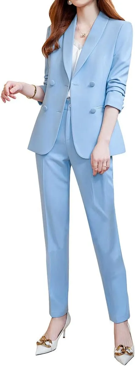 YYNUDA Women's Business Suit Set Double Breasted 2 Piece Office Work Blazer Pantsuit