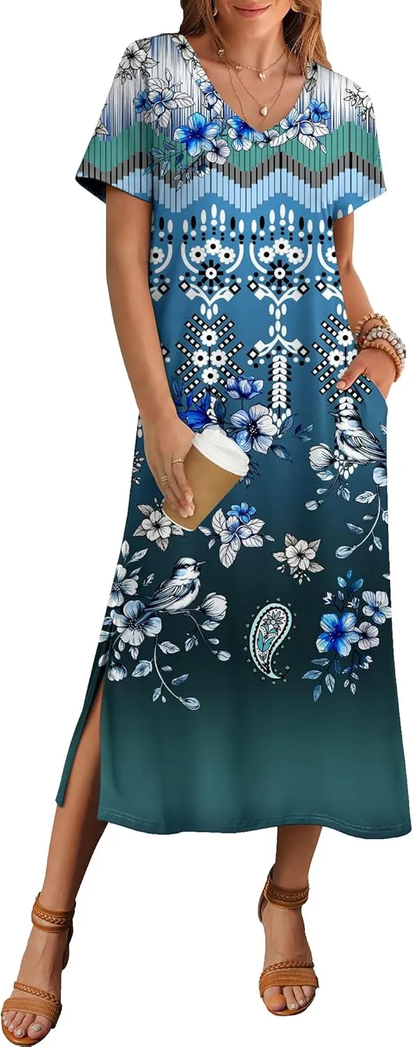 Zeagoo Women Summer Floral Dress Short Sleeve Beach Dress with Pockets Casual V-Neck Split Long T-Shirt Dress Travel Vacation