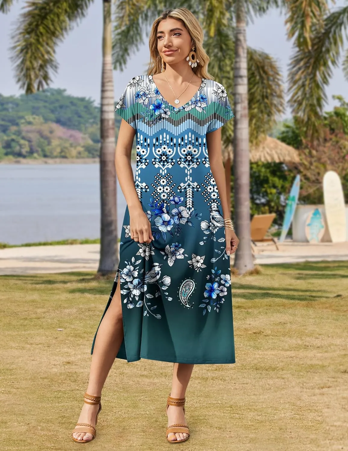 Zeagoo Women Summer Floral Dress Short Sleeve Beach Dress with Pockets Casual V-Neck Split Long T-Shirt Dress Travel Vacation