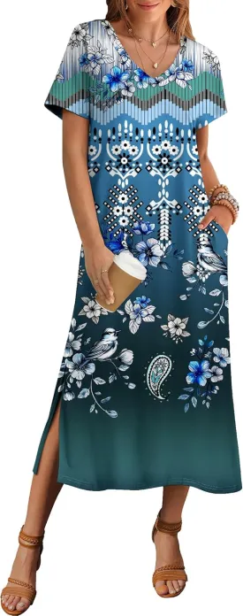 Zeagoo Women Summer Floral Dress Short Sleeve Beach Dress with Pockets Casual V-Neck Split Long T-Shirt Dress Travel Vacation