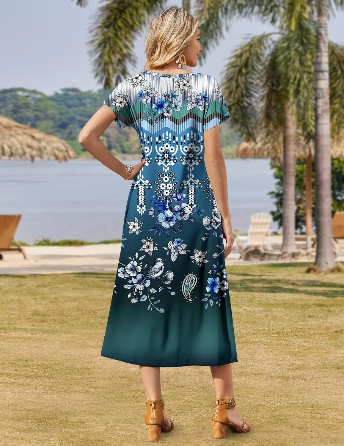 Zeagoo Women Summer Floral Dress Short Sleeve Beach Dress with Pockets Casual V-Neck Split Long T-Shirt Dress Travel Vacation