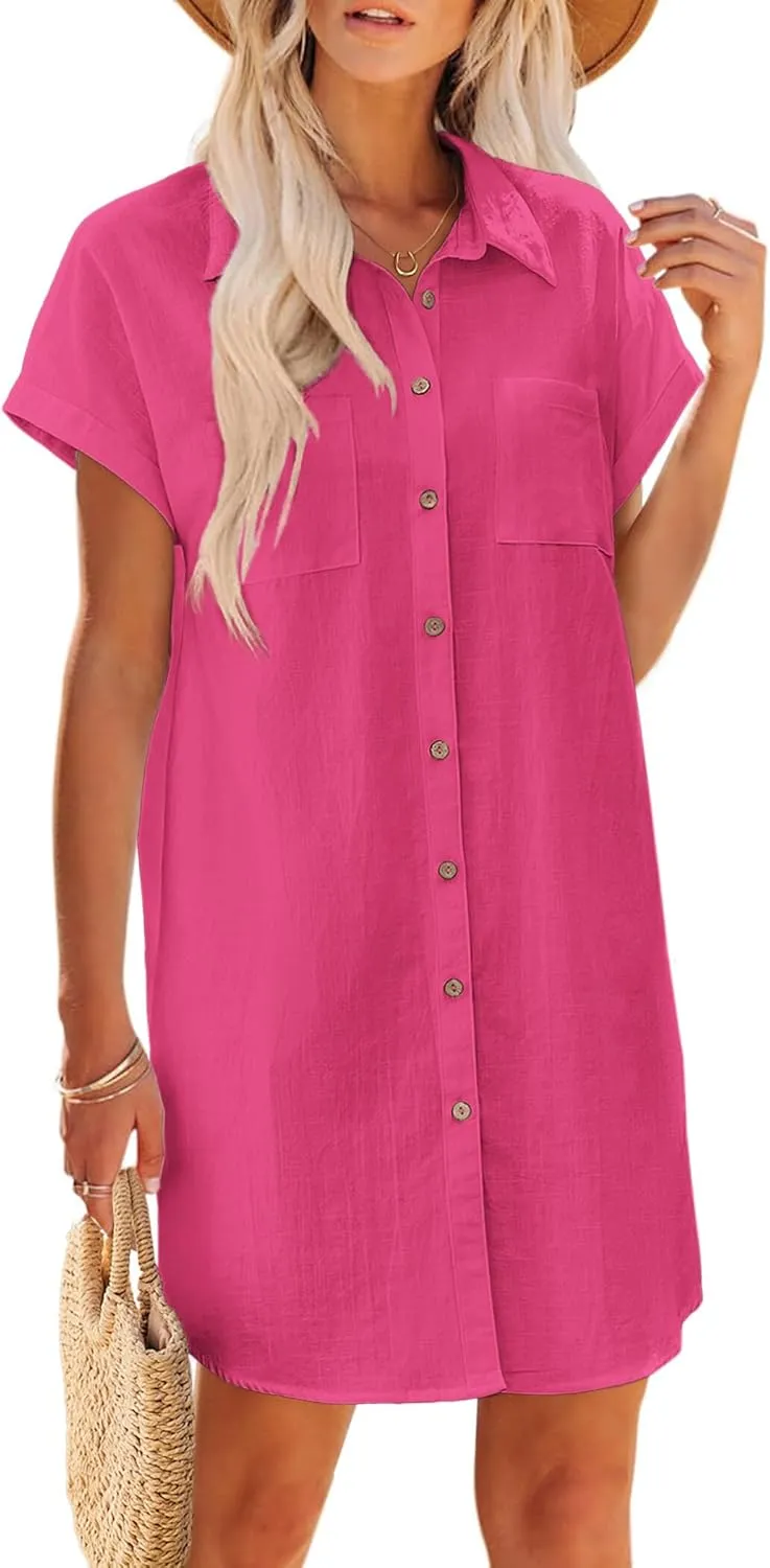 Zeagoo Women's Summer Dress 2025 Cotton Button Down Short Sleeve Tshirt Dresses Casual Flowy V Neck Loose Mini Beach Dress