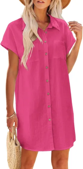 Zeagoo Women's Summer Dress 2025 Cotton Button Down Short Sleeve Tshirt Dresses Casual Flowy V Neck Loose Mini Beach Dress
