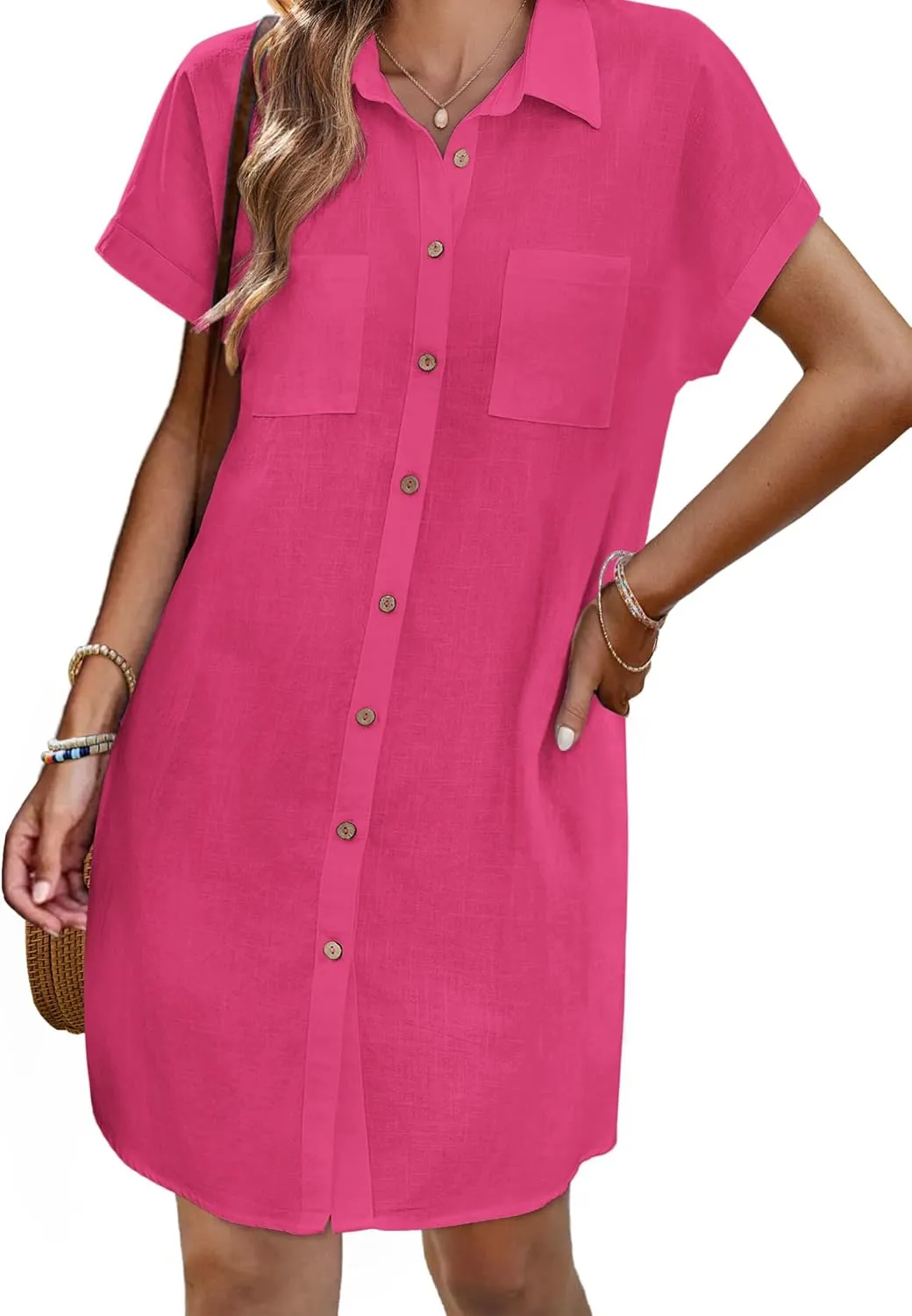 Zeagoo Women's Summer Dress 2025 Cotton Button Down Short Sleeve Tshirt Dresses Casual Flowy V Neck Loose Mini Beach Dress