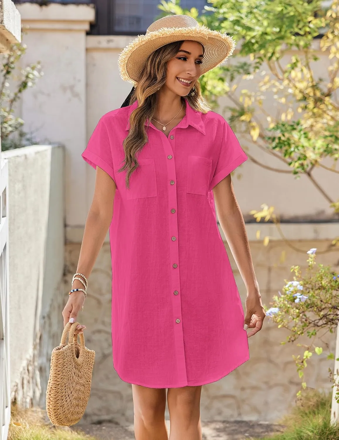 Zeagoo Women's Summer Dress 2025 Cotton Button Down Short Sleeve Tshirt Dresses Casual Flowy V Neck Loose Mini Beach Dress